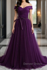 Off Shoulder Purple Tulle Long Prom Dresses, Off the Shoulder Purple Formal Dresses, Purple Evening Dresses