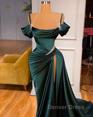Off Shoulder Satin Green Slit Beading Mermaid Prom Dresses