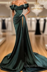 Off Shoulder Satin Green Slit Beading Mermaid Prom Dresses