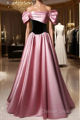 Off Shoulder Satin Scoop A-Line Long Party Dresses, Pink And Black Prom Dresses Evening Dresses
