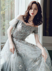 Off Shoulder Sweetheart A-Line Green Long Formal Dress, Tulle With Lace Prom Dress