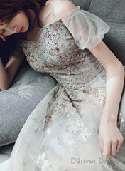 Off Shoulder Sweetheart A-Line Green Long Formal Dress, Tulle With Lace Prom Dress