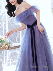 Off Shoulder Sweetheart Tulle Light Purple Formal Dress, A-Line Tulle Junior Prom Dresses