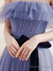 Off Shoulder Sweetheart Tulle Light Purple Formal Dress, A-Line Tulle Junior Prom Dresses