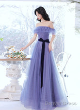 Off Shoulder Sweetheart Tulle Light Purple Formal Dress, A-Line Tulle Junior Prom Dresses