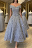 Off Shoulder Tea Length Gray Lace Prom Dress, Off the Shoulder Gray Homecoming Dress, Gray Lace Prom Dresses