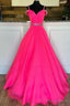 Off Shoulder Tulle Beaded Long Prom Dress, Hot Pink Prom Dresses
