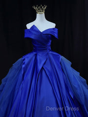 Off Shoulder Tulle Satin Blue Long Prom Gown, Blue Long Evening Dresses