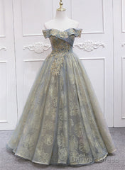 Off Shoulder Tulle With Lace A-Line Junior Prom Dress, Chic Long Party Dress