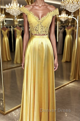 Off Shoulder Two Pieces Lace Yellow Long Prom Dresses, Off the Shoulder Yellow Lace Formal Dresses, Two Pieces Yellow Lace Evening Dresses