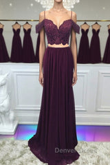 Off Shoulder Two Pieces Purple Lace Long Prom Dresses, 2 Pieces Purple Formal Dresses, Purple Lace Evening Dresses