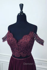 Off Shoulder Two Pieces Purple Lace Long Prom Dresses, 2 Pieces Purple Formal Dresses, Purple Lace Evening Dresses