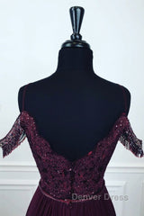 Off Shoulder Two Pieces Purple Lace Long Prom Dresses, 2 Pieces Purple Formal Dresses, Purple Lace Evening Dresses