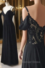 Off Shoulder V Neck Black Lace Long Prom Dresses, Off Shoulder Black Formal Dresses, Black Lace Evening Dresses