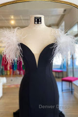 Off Shoulder V Neck Mermaid Black Long Prom Dresses, Mermaid Black Formal Dresses, Black Evening Dresses