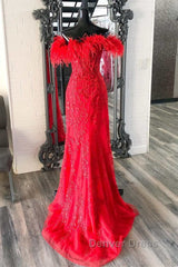 Off Shoulder V Neck Mermaid Red Lace Long Prom Dresses with High Slit, Mermaid Red Formal Dresses, Red Lace Evening Dresses