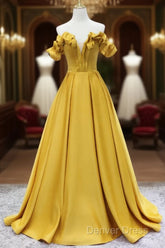 Off Shoulder V Neck Yellow Satin Long Prom Dresses, Off The Shoulder Yellow Formal Dresses, Yellow Evening Dresses