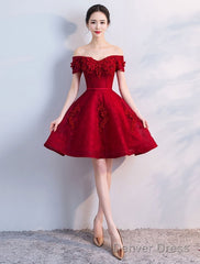 Off Shoulder Wine Red Short Beaded Homecoming Dress, Short Prom Dress, Graduation Party Dress