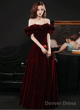 Off Shoulder Wine Red Velvet A-Line Party Dress, Wine Red Prom Dress