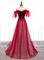 Off Shoulder Wine Red Velvet and Tulle Prom Dress, A Line Tulle Floor Length Prom Dresses