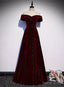 Off Shoulder Wine Red Velvet Long Prom Dress, A Line Wine Red Prom Dresses