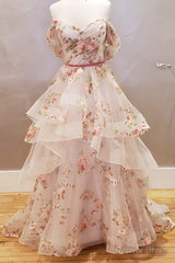 Off the Shoulder A-line Floral Wedding Dress with Ruffle Skirt