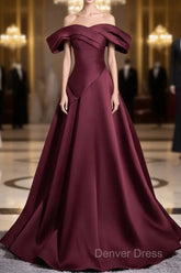 Off The Shoulder A-Line Satin Ruched Floor Length Prom Dresses