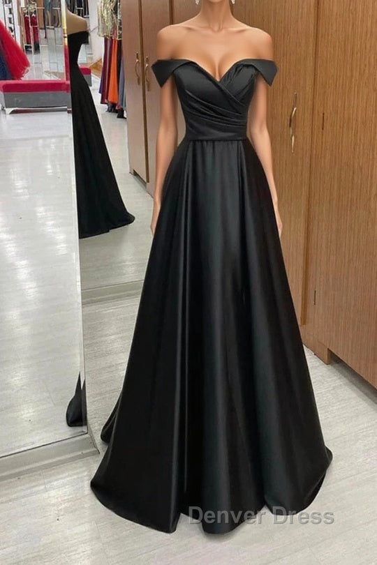 Off the Shoulder Black Satin Long Prom Dress, Black Off Shoulder Prom