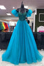 Off the Shoulder Blue Beaded Long Prom Dress, Blue Beaded Long Prom Dresses