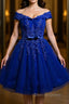 Off the Shoulder Blue Lace Prom Dress, Off Shoulder Blue Homecoming Dress, Short Blue Lace Prom Dresses