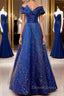 Off the Shoulder Blue Long Prom Dress, Off Shoulder Long Prom Dresses