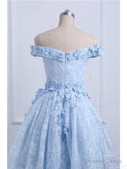 Off the Shoulder Blue Prom Dresses Lace Applique, High Low Prom Dress
