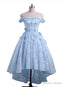 Off the Shoulder Blue Prom Dress Lace Applique, High Low Prom Dresses