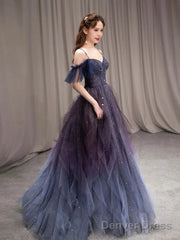 Off The Shoulder Blue Purple Ombre Tulle Prom Dresses, Blue Purple Ombre Formal Graduation Dresses