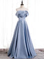 Off the Shoulder Blue Satin Long Prom Dress, Off Shoulder Blue Prom Dresses