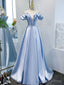 Off the Shoulder Blue Satin Prom Dress, Sky Blue Off Shoulder Satin Long Prom Graduation Dresses