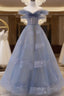 Off The Shoulder Blue Tulle A Line Long Prom Dresses