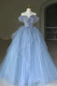 Off the Shoulder Blue Tulle Long Prom Dress, Off Shoulder Blue Long Prom Dresses