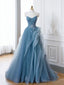Off the Shoulder Blue Tulle Prom Dress, Blue Tulle Floral Prom Dresses