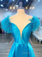 Off The Shoulder Blue V Neck Prom Dresses, Blue V Neck Long Formal Evening Dresses