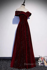 Off The Shoulder Burgundy Long Prom Dresses, Burgundy Off Shoulder Long Formal Evening Dresses