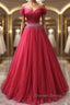 Off the Shoulder Burgundy Prom Dress with Beaded Belt, Wine Red Long Prom Dresses