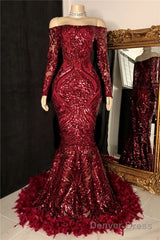 Off The Shoulder Burgundy Prom Dresses With Feather Long Sleeve Sparkle Lace Mermaid Evening Gowns
