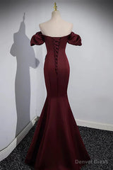 Off the Shoulder Burgundy Satin Long Prom Dresses, Wine Red Mermaid Formal Evening Dresses