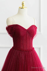 Off the Shoulder Burgundy Tulle Long Prom Dresses, Wine Red Long Tulle Formal Evening Dresses
