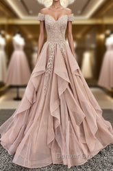 Off the Shoulder Champagne Lace Prom Dresses, Off Shoulder Champagne Lace Formal Evening Dresses