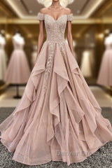 Off the Shoulder Champagne Lace Prom Dresses, Off Shoulder Champagne Lace Formal Evening Dresses