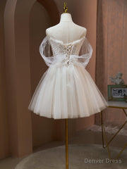 Off the Shoulder Champagne Tulle Prom Dress, Short Formal Homecoming Dress