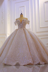 Off the shoulder Champange Puffy ball Gown Sparkle Wedding Dresses