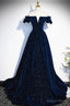 Off the Shoulder Dark Navy Blue Long Prom Dress, Dark Navy Blue Long Prom Dresses